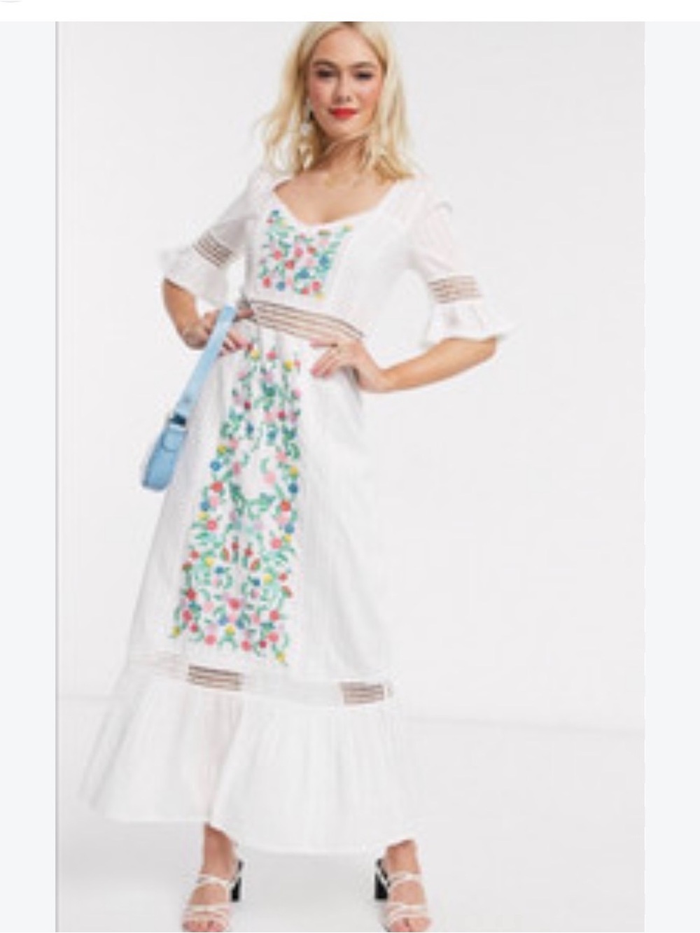 Asos White V Neck Lattice Cut Out Floral Embroidered Maxi Dress | 6